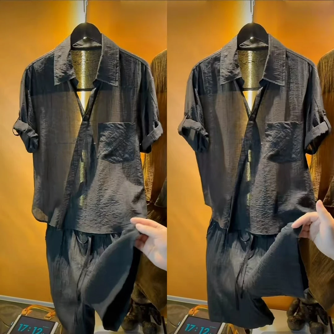 户外高级感老钱风时尚休闲宽松斜襟半袖短裤套装舒适轻薄透气两件