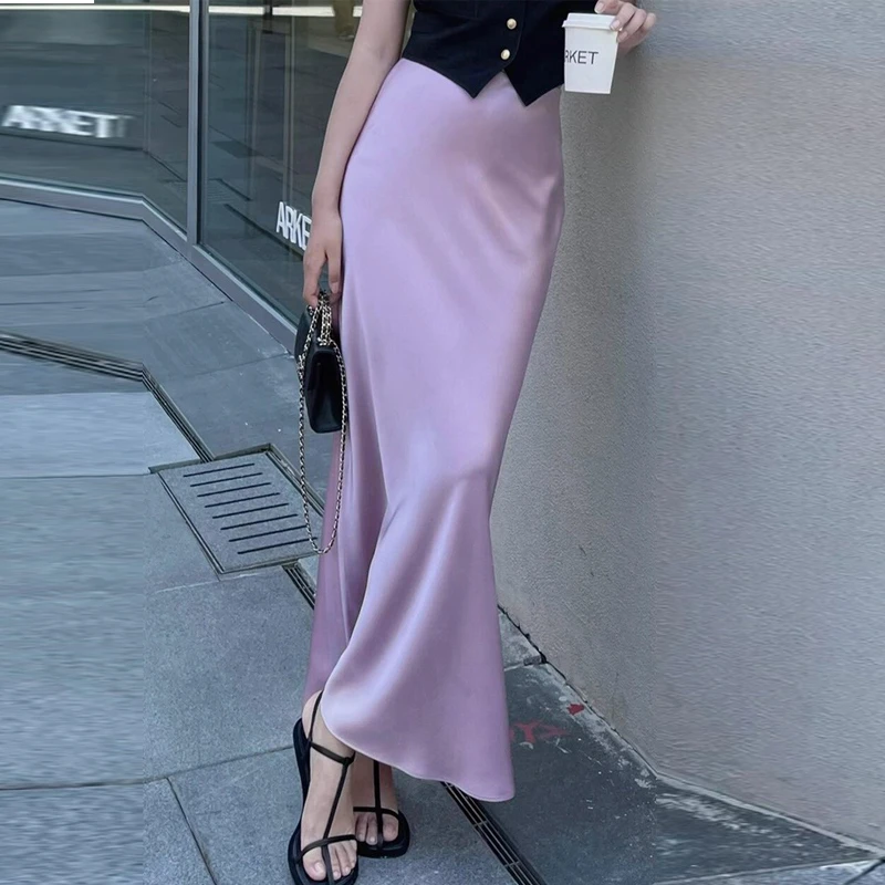 多色可选~进口三醋酸缎面加长款开衩直筒半身裙2025春夏新款长裙