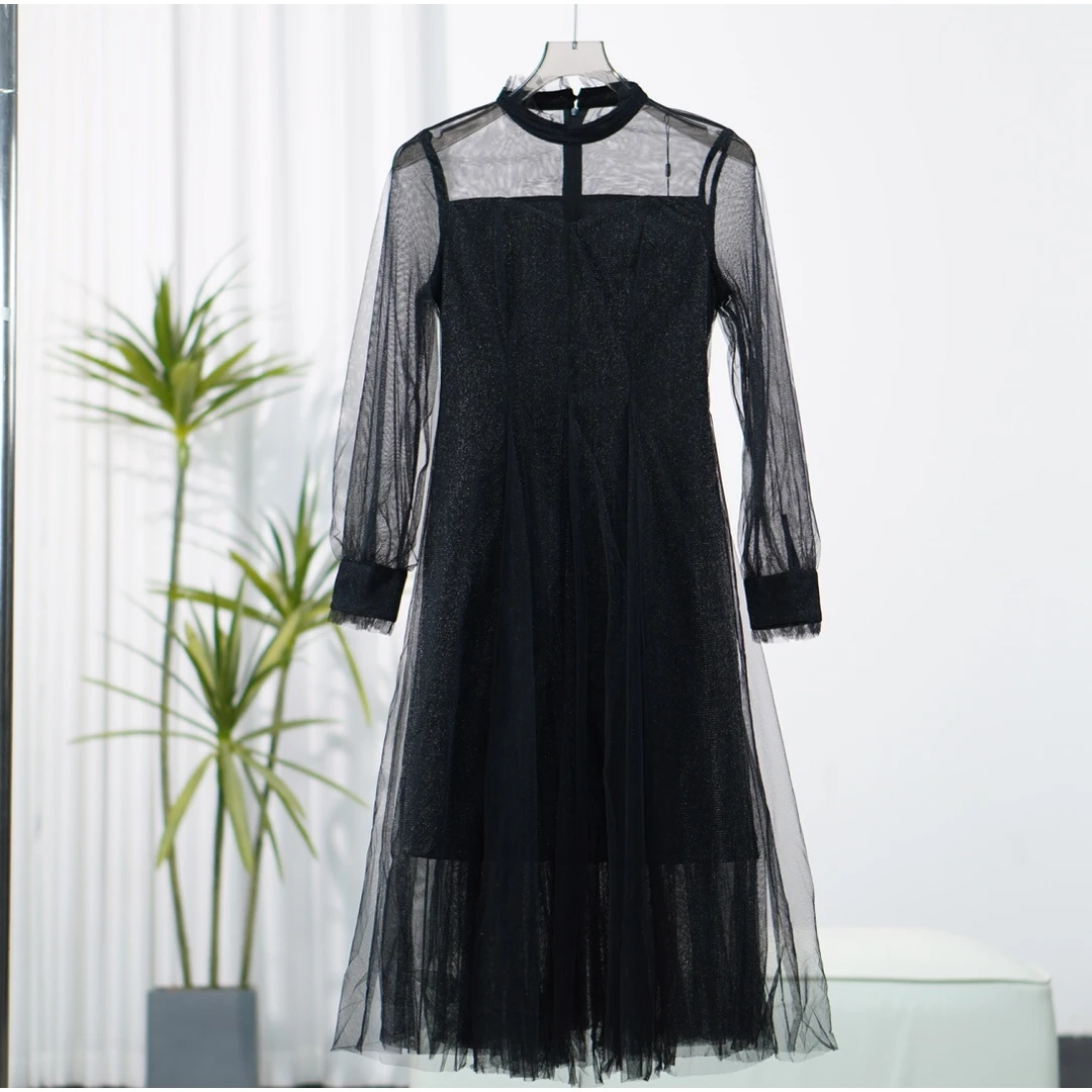 朗S系列  F193 女装春秋时尚网纱拼接圆领连衣裙经典黑8Q523L063