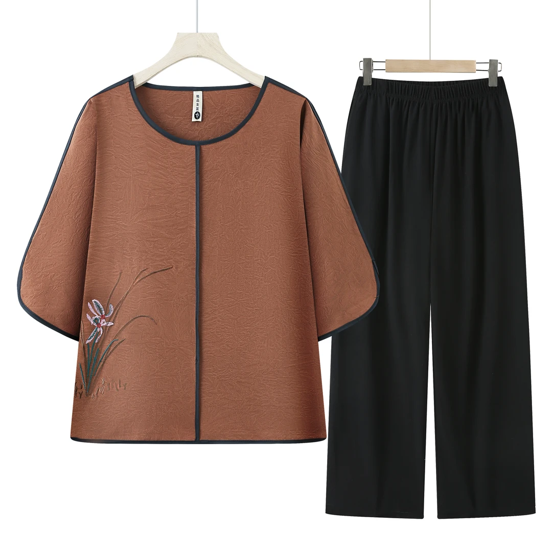 8996-咖 中老年夏装女奶奶七分袖夏季新款上衣舒适衣服套装【康燕】