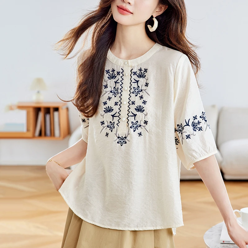 复古刺绣上衣女夏季2025新款藏肉显瘦小衫气质高级感短袖t恤大码