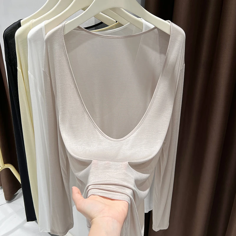 莱赛尔薄款前后两穿时髦长袖T恤女夏季宽松慵懒风露锁骨大U领上衣