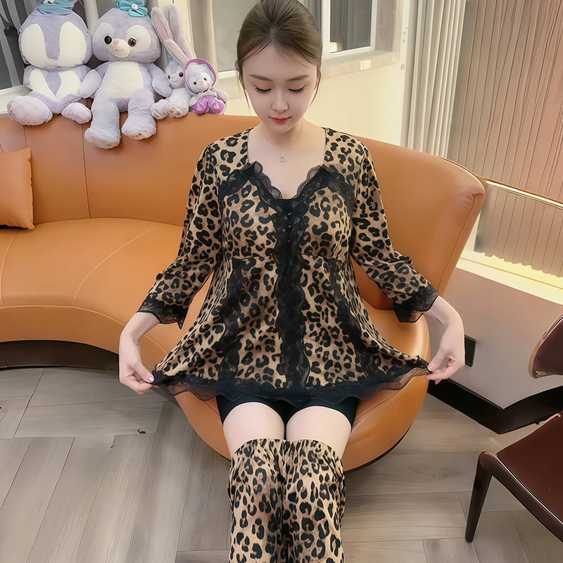 网红女士睡衣秋磨毛韩版蕾丝拼接V领七分袖长裤碎花家居服两件套