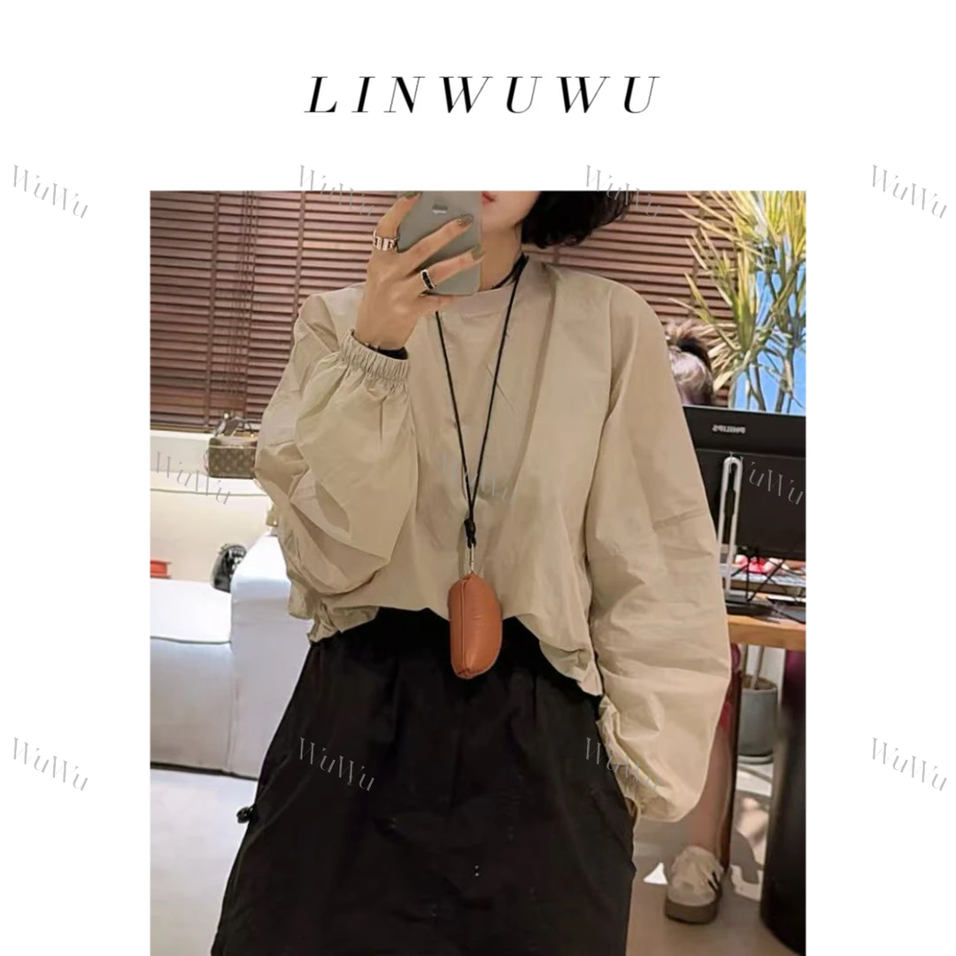 【五五定制】2025新款—夏季短款纯色圆领长袖套头抽绳防晒衬衫9833