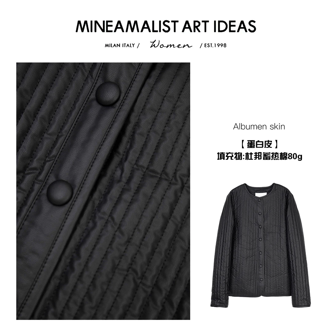 MINEAMALIST ART IDEAS黑色极简蛋白皮直线绗缝皮夹克外套ZY1353
