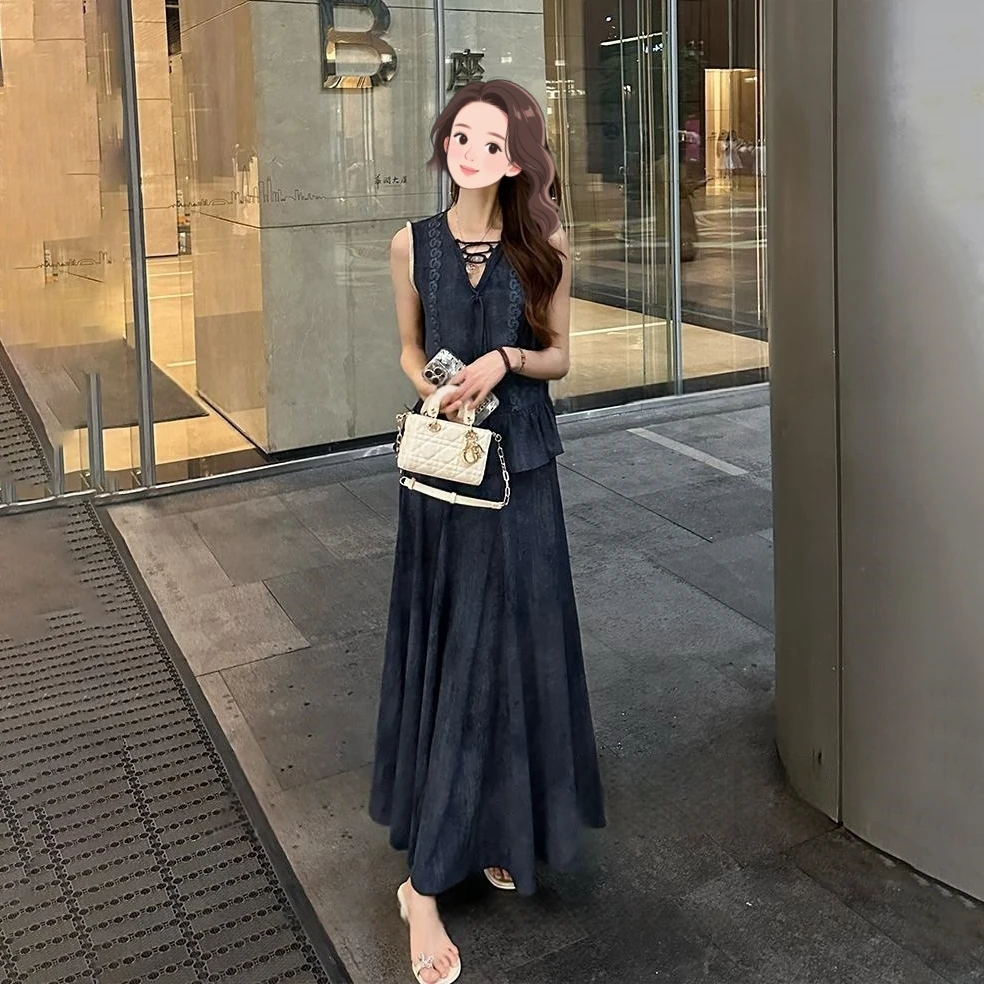 慵懒风撞色设计感小众显瘦半身裙两件套中国风时尚碎花套装