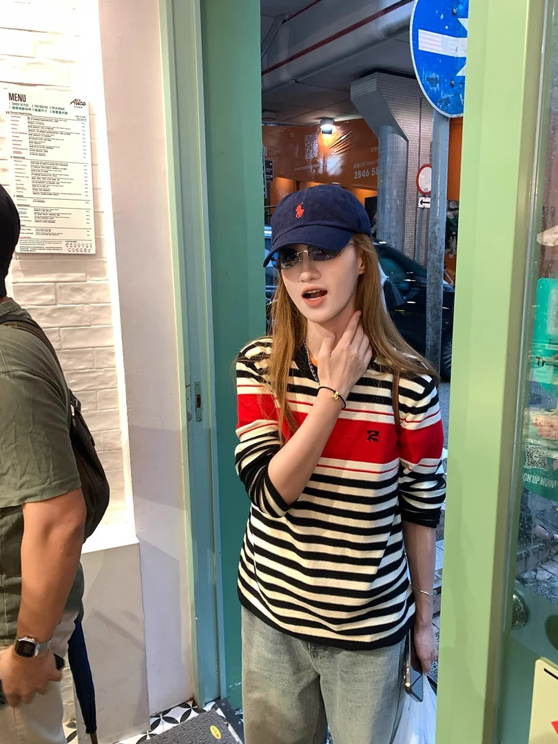 韩版圆领撞色条纹长袖针织衫女松弛感休闲宽松百搭上衣