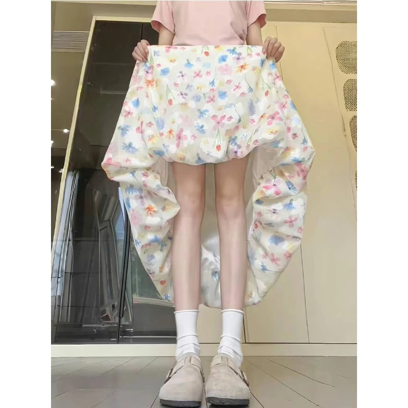 甜美彩色碎花花苞裙女2025年夏季新款阔腿温柔高腰显瘦休闲蓬蓬裙