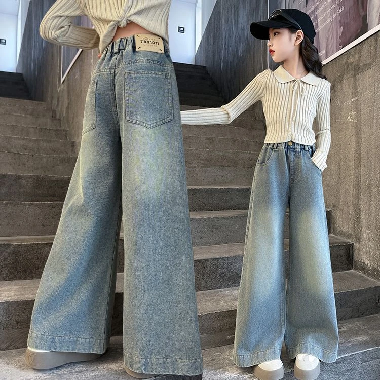 女童春装牛仔裤2025新款儿童百搭洋气韩版高腰显瘦直筒大童阔腿裤