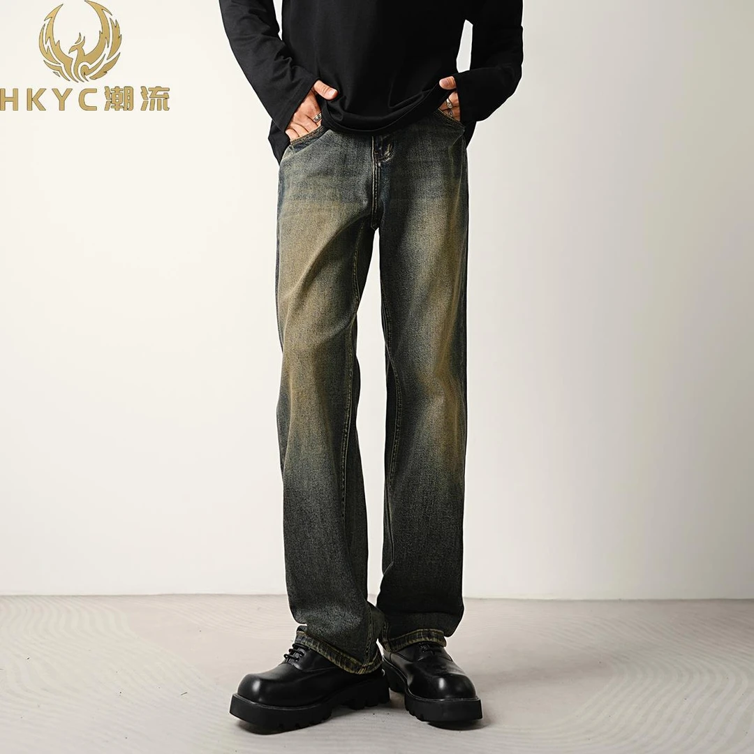 HKYC2025复古蓝水洗做旧弹力牛仔裤男春秋新款宽松直筒长裤潮牌
