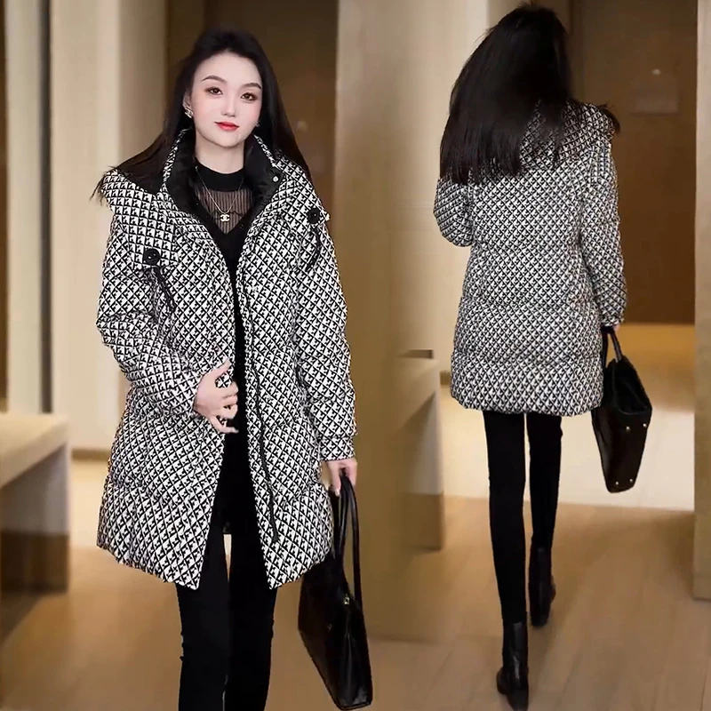 冬季女款格子棉服外套中长款保暖棉衣爆款2025新款千鸟格连帽棉袄
