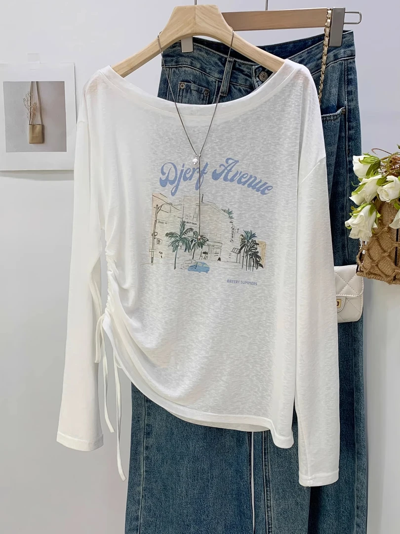 设计感斜肩长袖防晒T恤女白色新款透气舒适不对称套头宽松薄上衣