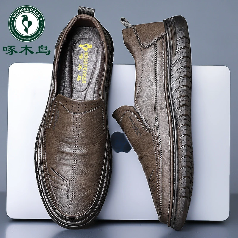 啄木鸟男鞋春季新款牛筋软底皮鞋男韩版休闲鞋一脚蹬百搭英伦鞋男