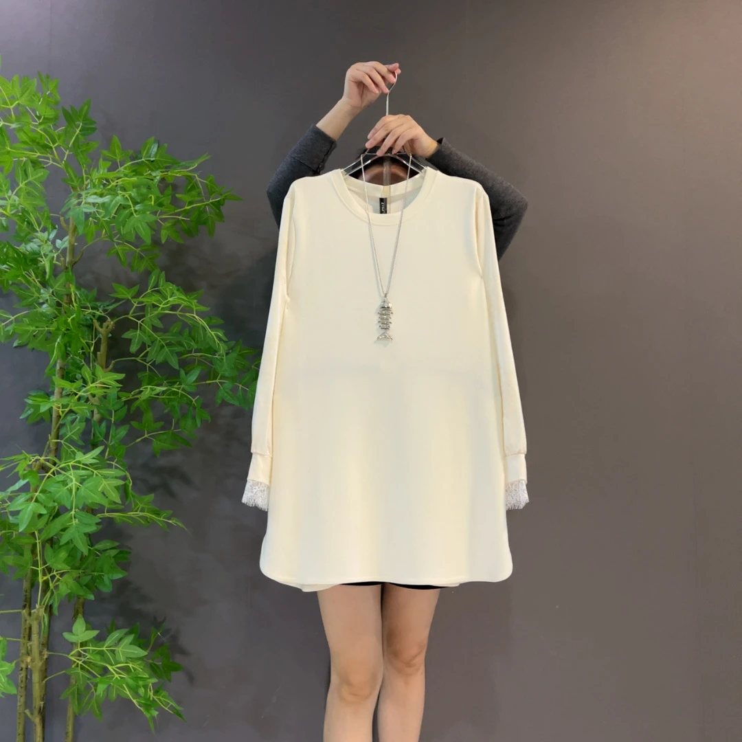 欧货新款拼接蕾丝长袖秋冬季宽松圆领休闲套头中长款纯色T恤