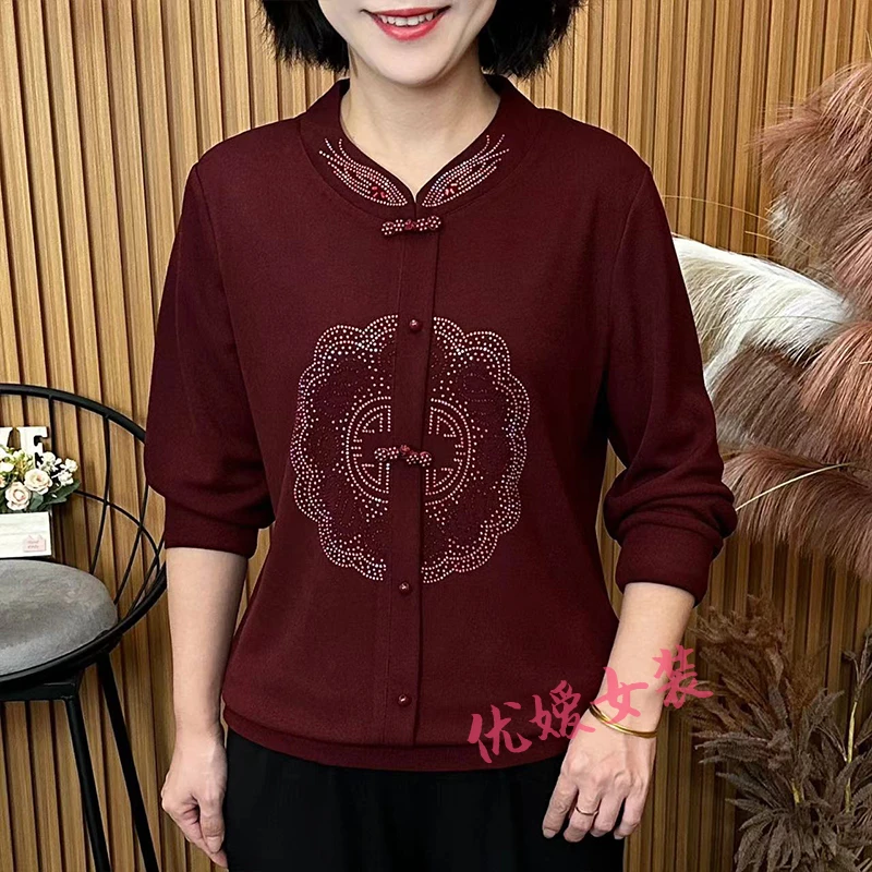妈妈装秋季中式风复古盘扣烫钻显瘦遮肚洋气中老年女装长袖上衣