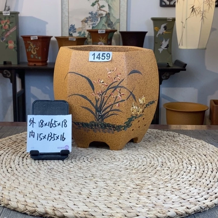 花盆紫砂  柴烧兰草手绘宫灯六方1459