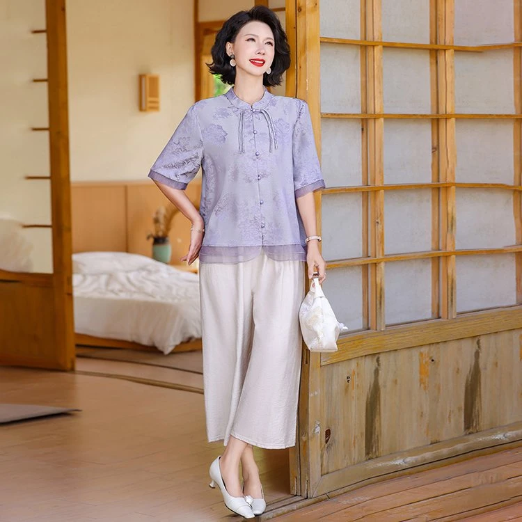 九分裤中老年女装47岁休闲妈妈夏装时尚衬衫宽松大码七分袖夏季