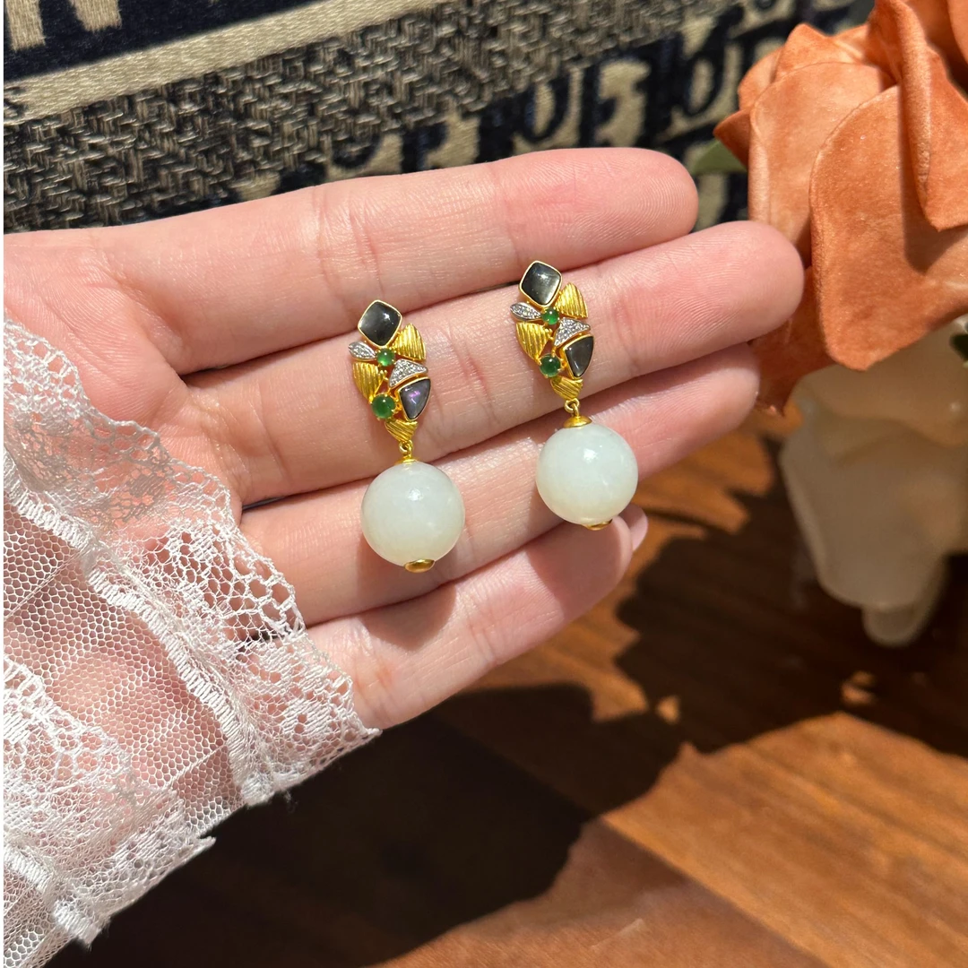 【凰一品】俄料羊脂白玉圆珠耳钉18K金