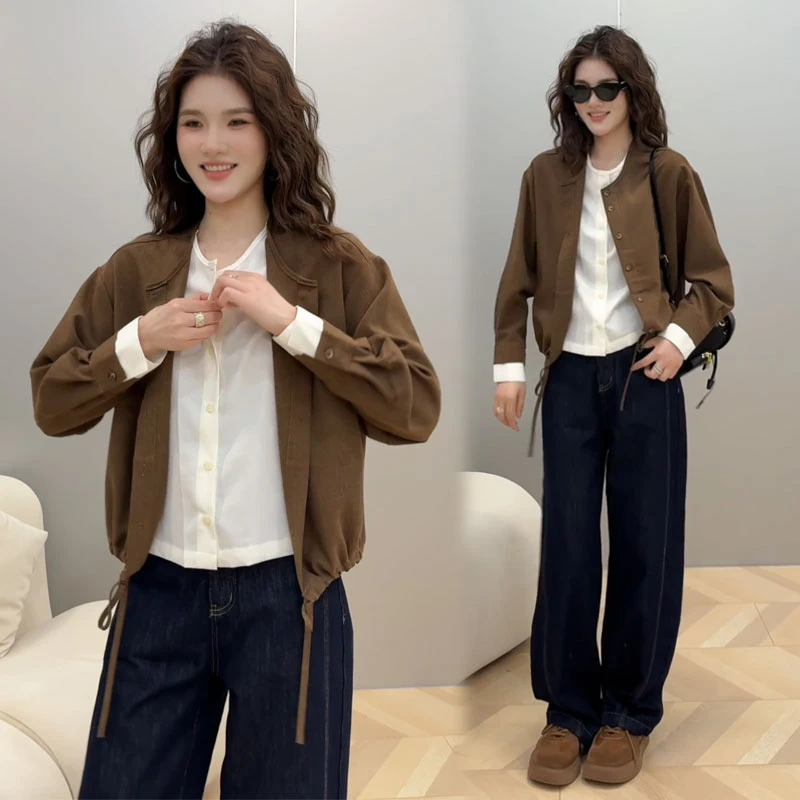 时尚假两件衬衫女2025秋季新款时髦洋气抽绳设计感百搭休闲上衣潮
