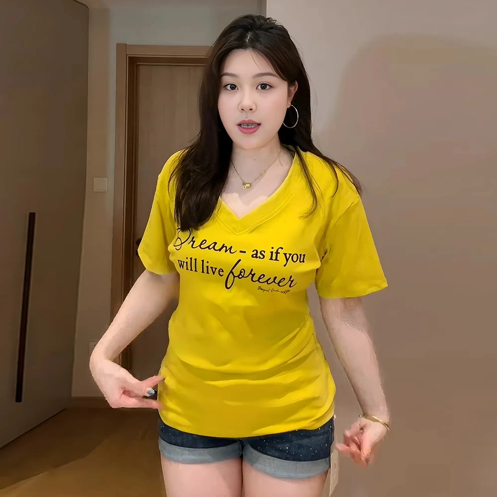 大码女装辣妹字母印花正肩掐腰短袖t恤夏新款微胖mm修身显瘦上衣