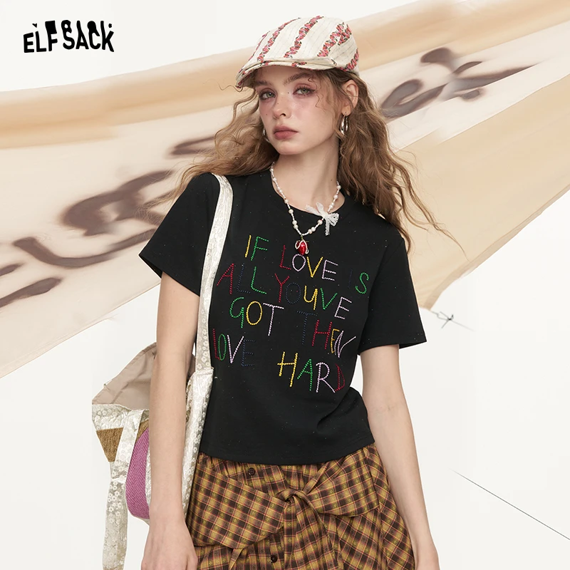 【达人专属】妖精的口袋黑色多巴胺字母短袖t恤夏季新款正肩