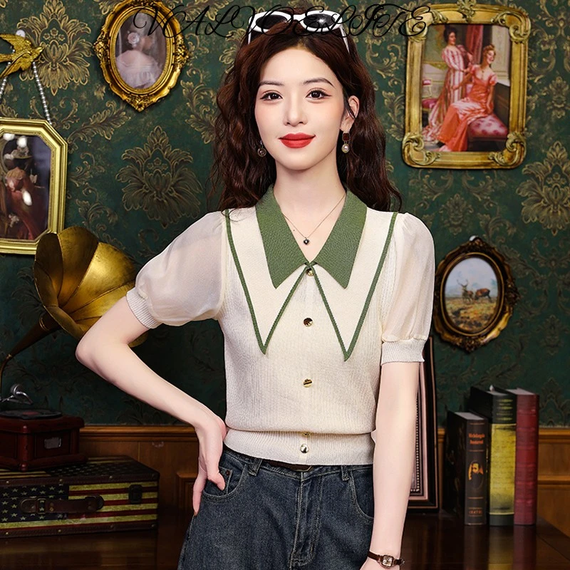 冰丝短袖t恤女2025年新款爆款夏季薄款针织衫时尚洋气娃娃领上衣