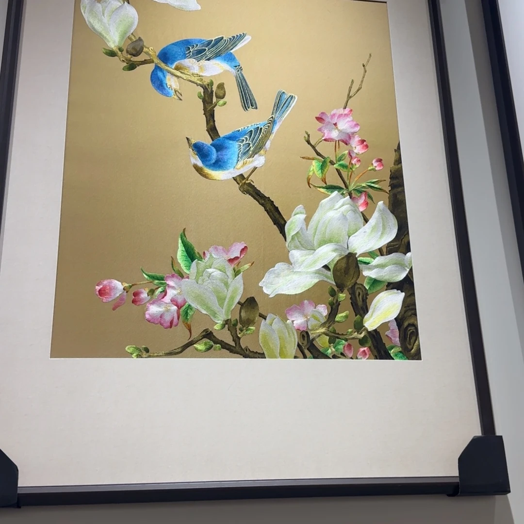 刺绣玉兰花鸟画心60*70成品