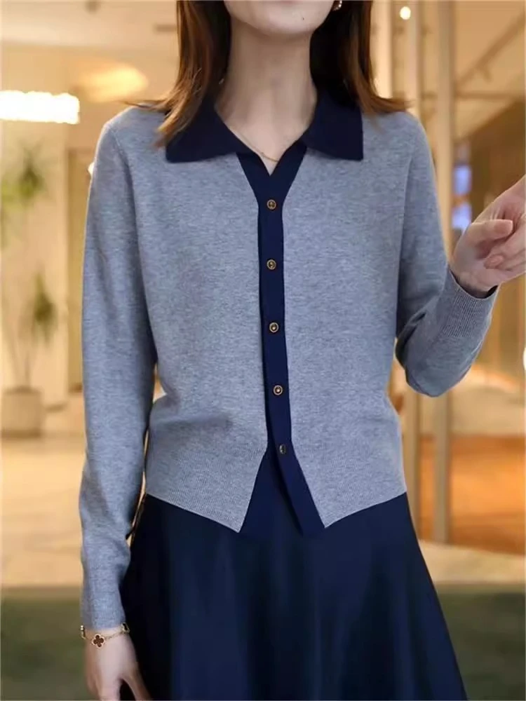 高级感拼色翻领针织开衫女2025春季新款时尚百搭洋气长袖显瘦上衣