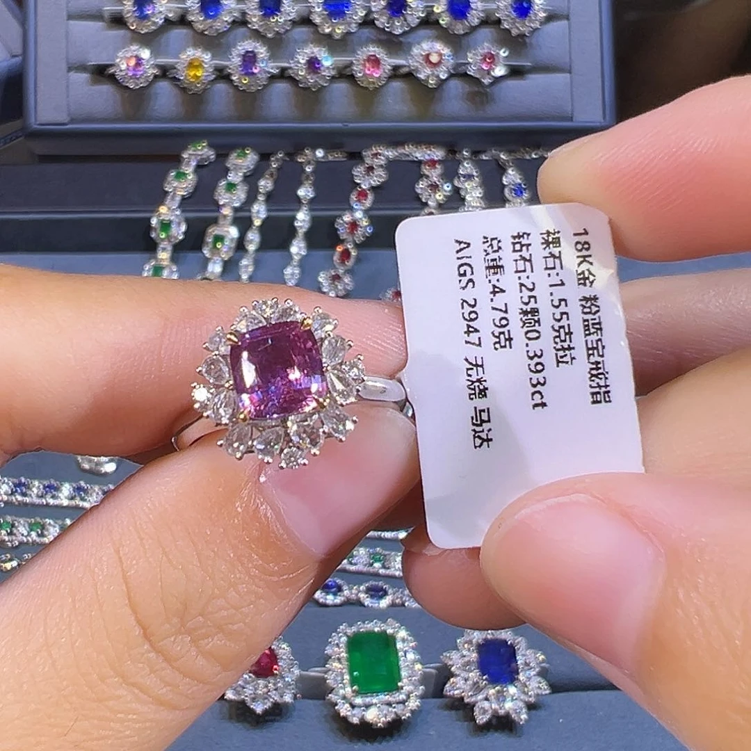 彩色蓝宝石戒指18K金镶嵌