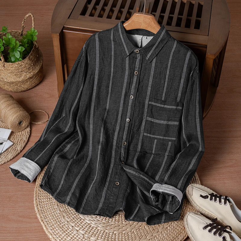 麻尚生活纯亚麻长袖衬衫休闲简约百搭宽松透气条纹色织春夏季百搭