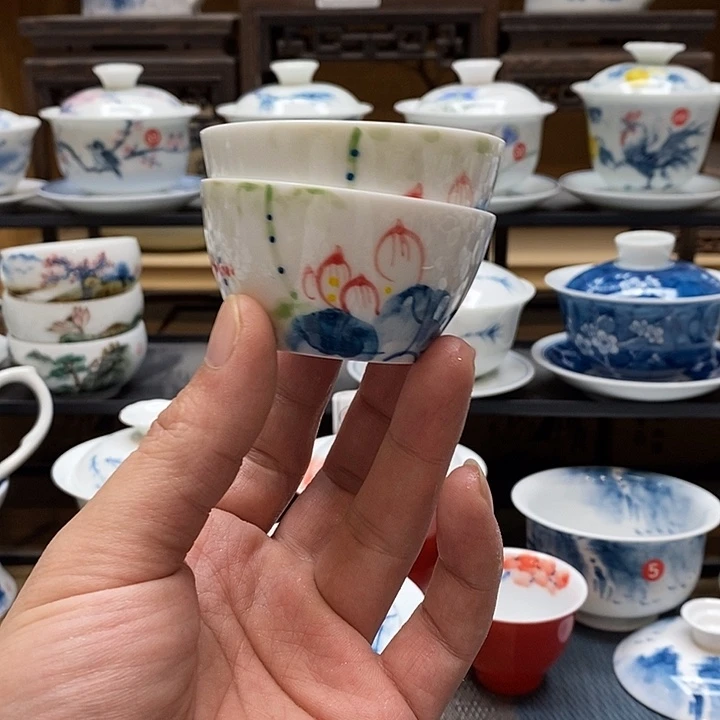 手绘微瑕荷花杯子2个装