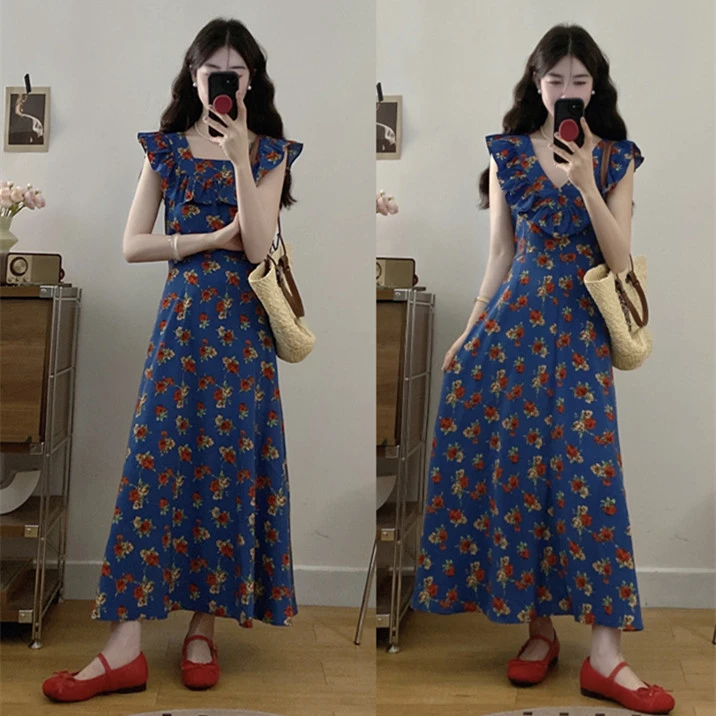 大码女装夏季新款法式碎花设计感两面可穿系带收腰显瘦连衣裙