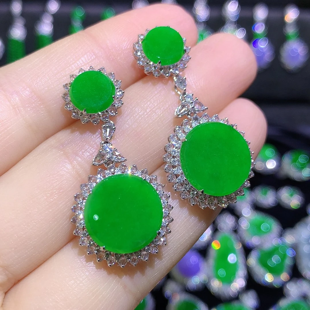 知***乐翡翠18K金镶嵌耳饰高冰满绿正阳绿无事牌