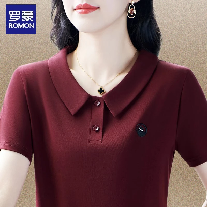 罗蒙冰丝短袖女夏季妈妈娃娃领t恤洋气休闲显瘦减龄翻领半袖上衣