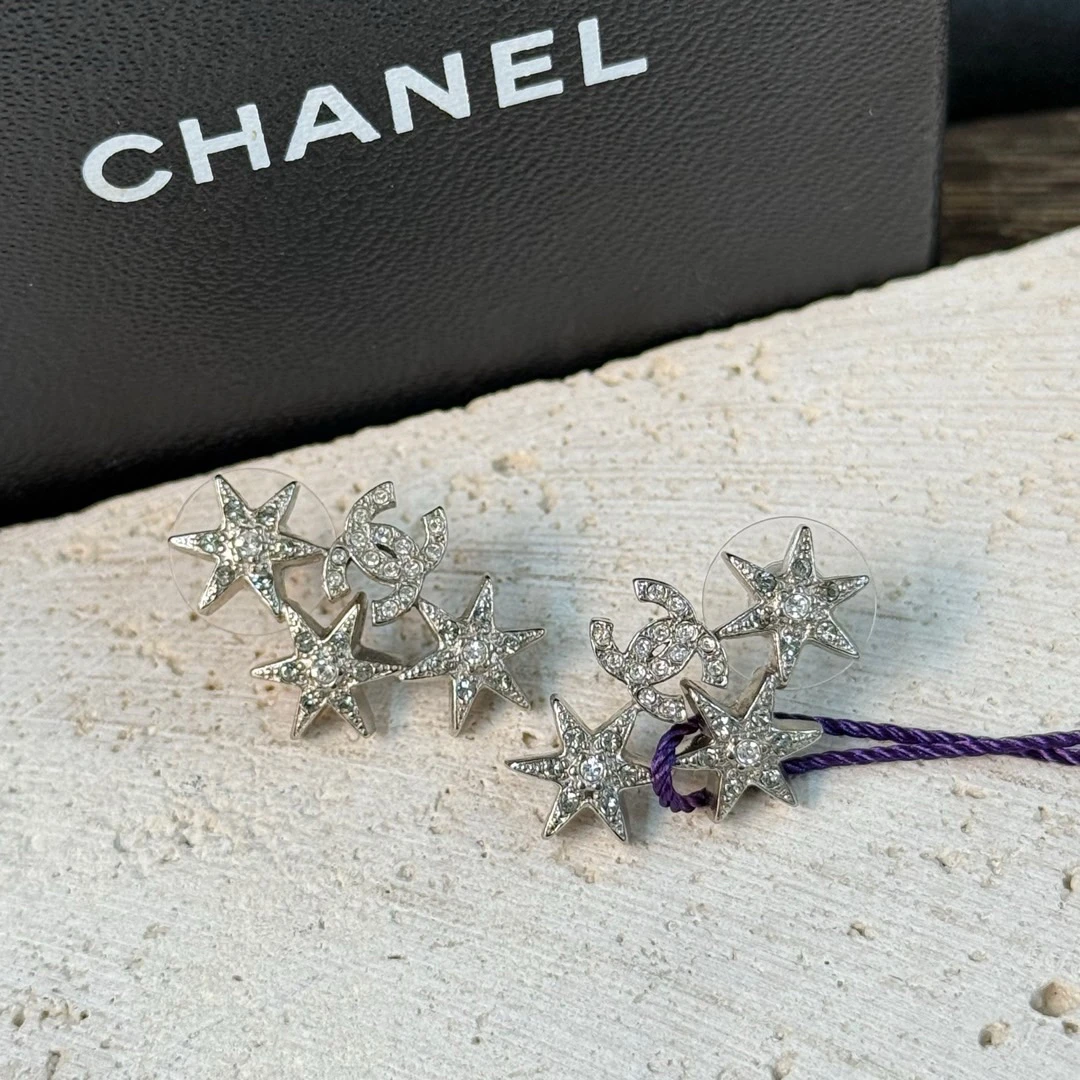 95新 Chanel/香奈儿 银色萨尔茨堡系列六芒星双C耳钉/635831932