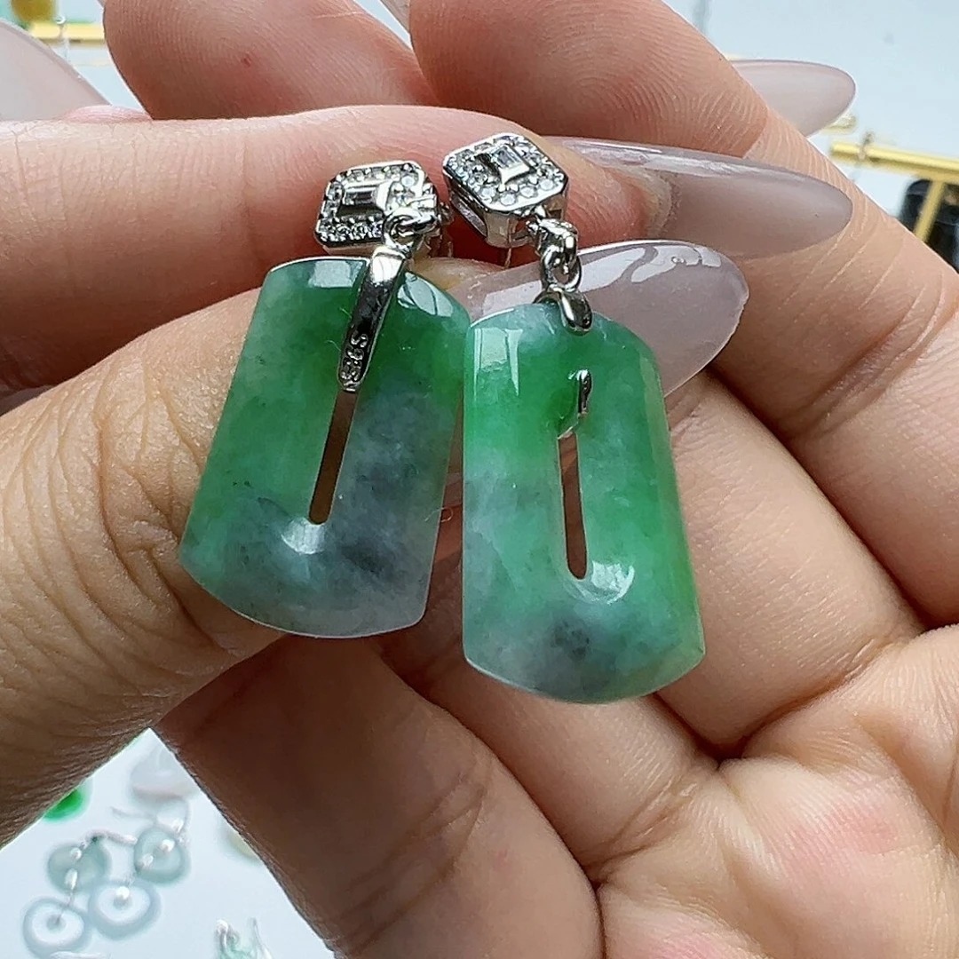 银S925镶嵌翡翠耳饰上**水天然缅甸A货翡翠