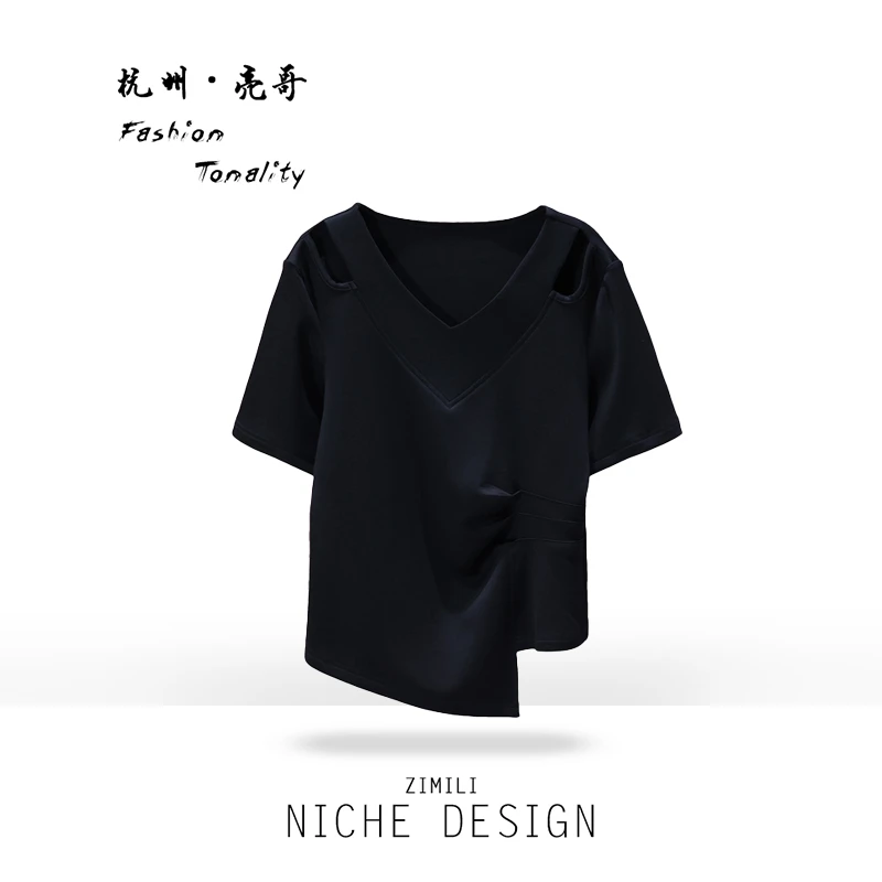 【亮哥女装】2025欧版重工设计黑色V领束腰显瘦时尚休闲短袖9605-B1