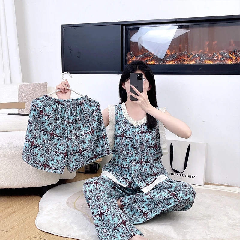 女大学生睡衣女爆款2025年新款云朵棉大码波西米亚风三件套家居服