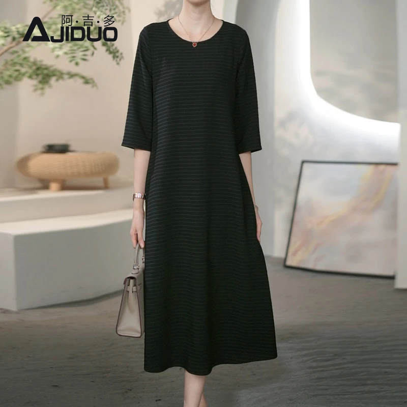 阿吉多条纹连衣裙女春季新款圆领高级简约气质A字裙妈妈大码裙子