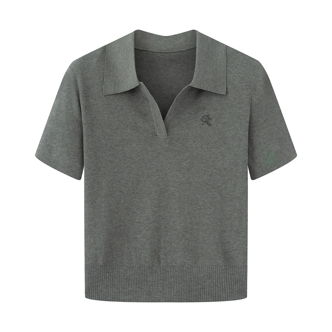 迪家商场同款女装2025秋季新款时尚灰色POLO领短袖针织衫3103