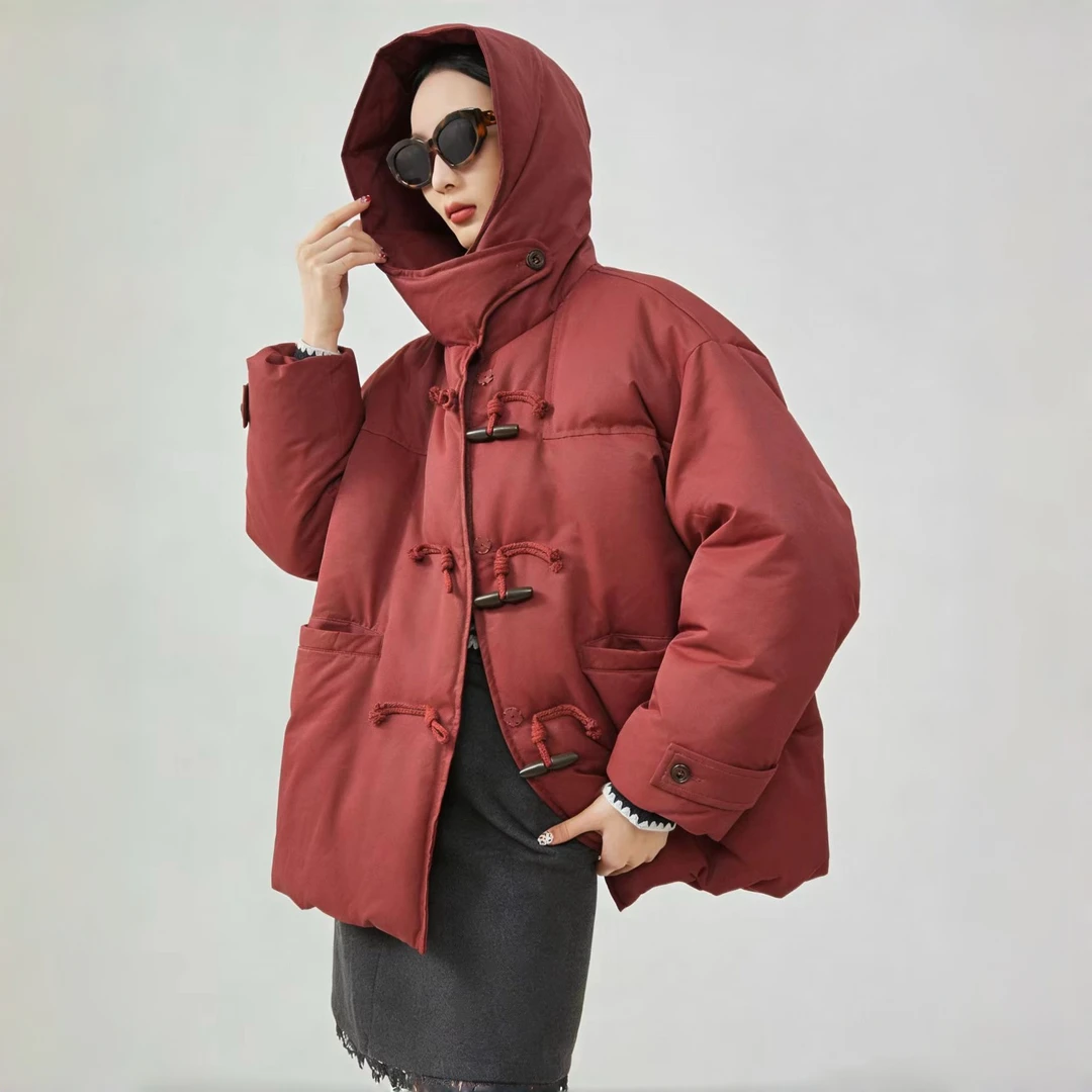 3172红色短款牛角扣羽绒服 韩系小个子