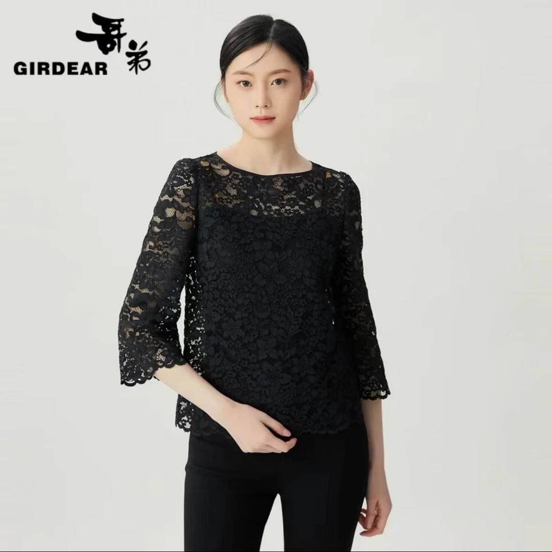 GIRDEAR/哥弟气质蕾丝后背镂空春季深色圆领修身女士t恤1300945