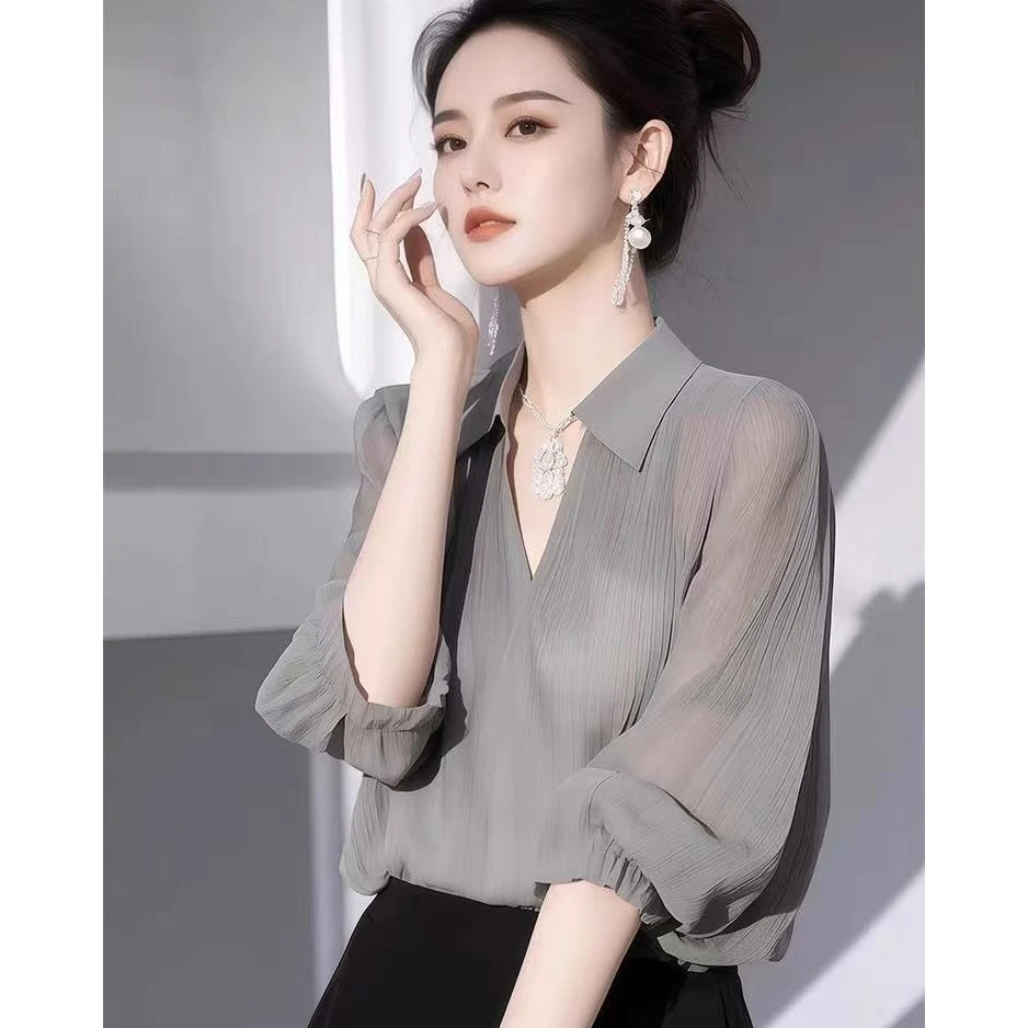 烟灰色雪纺衬衫女2025夏新款短袖小衫轻奢高级感独特漂亮气质上衣