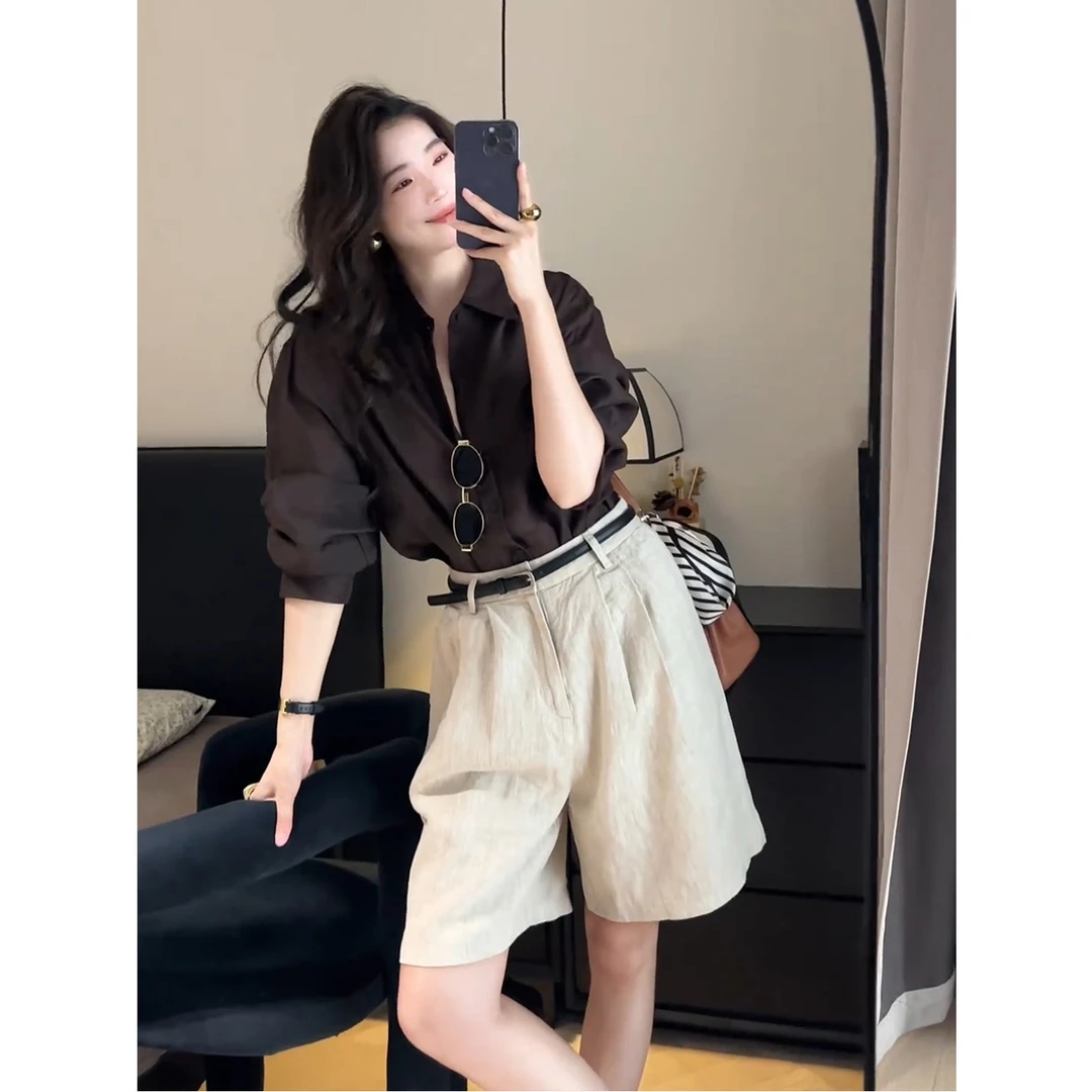 2025秋季超火一整套干练气质高级感上班通勤老钱风亚麻衬衫两件套