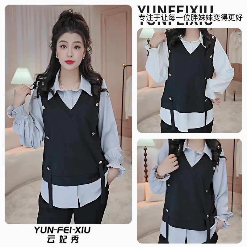 云妃秀大码女装衬衫时尚休闲微胖显瘦假两件上衣韩版百搭春9663