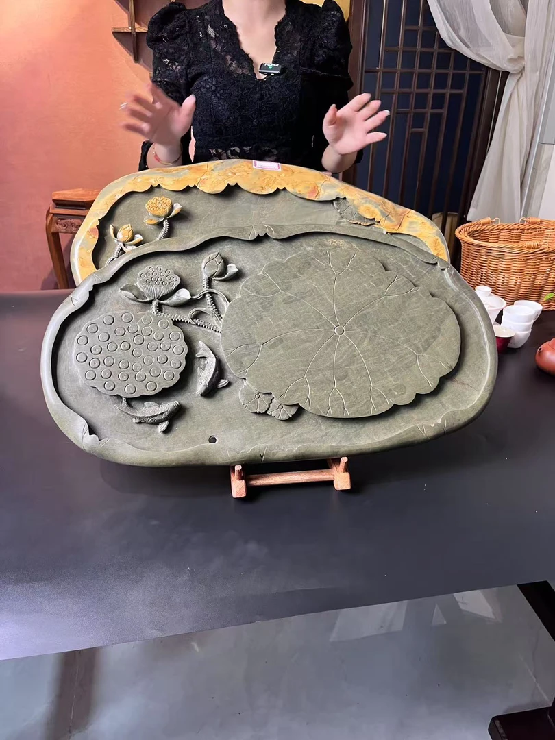 端砚石手工雕刻茶盘