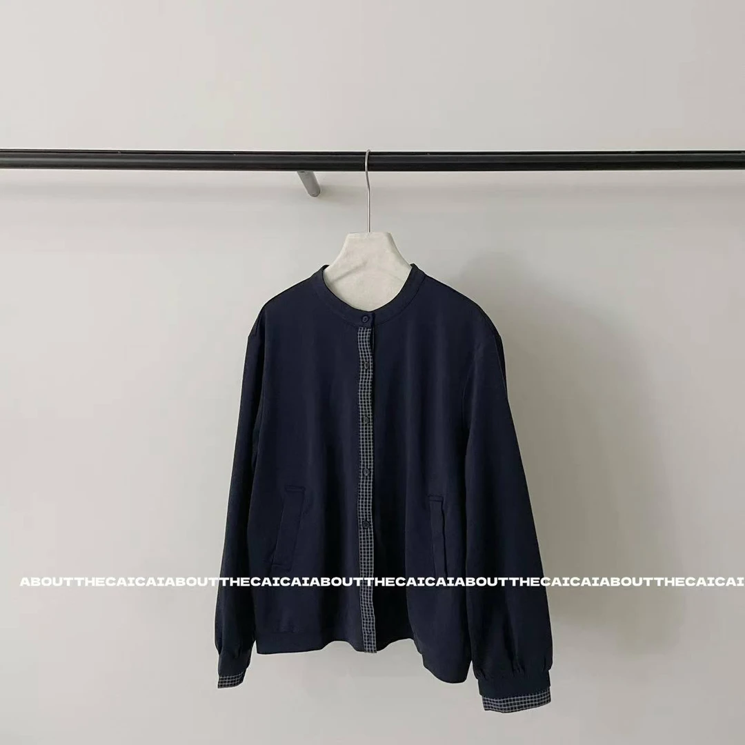 CAICAI格纹镶边无领夹克外套女秋季新款韩系简约休闲宽松2605