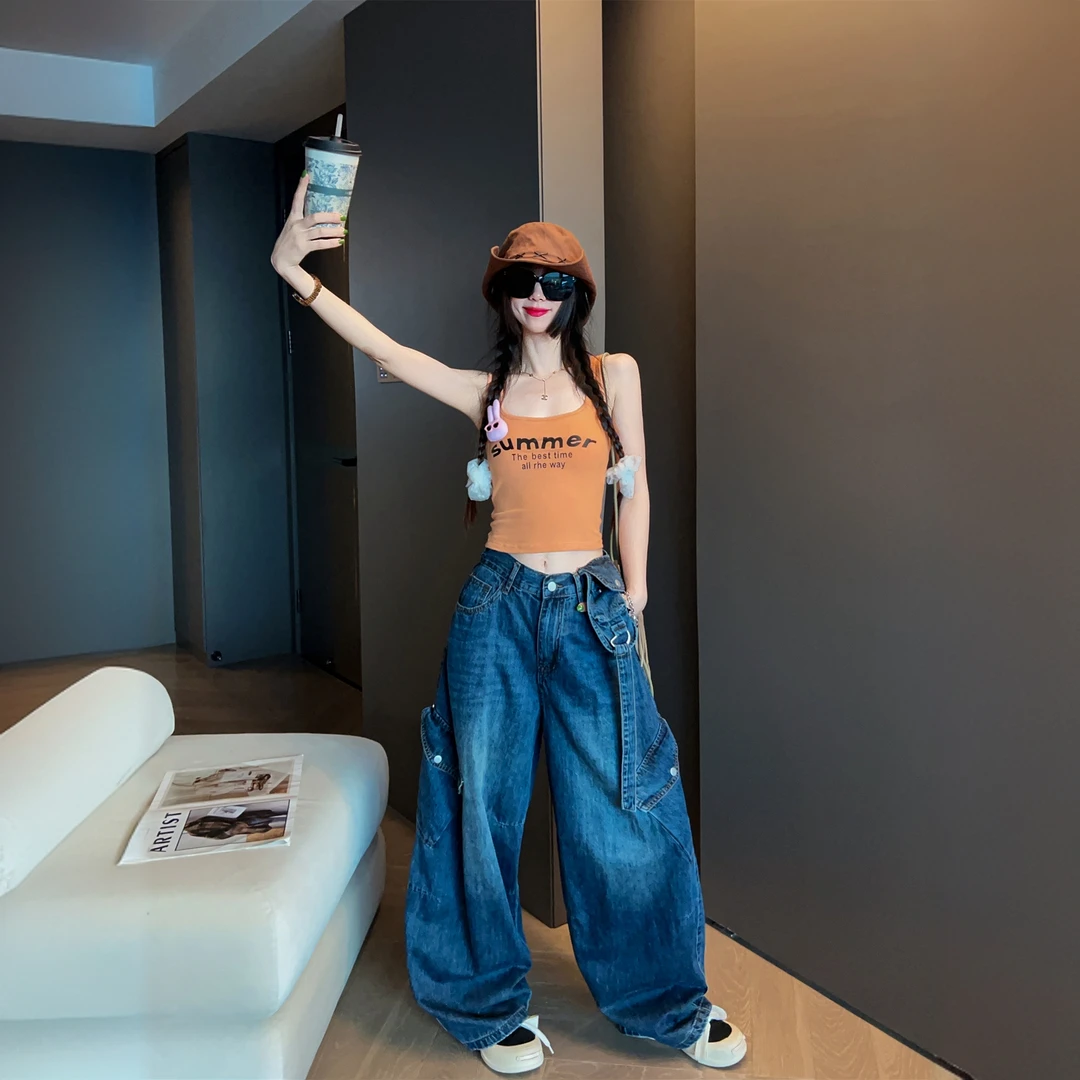 大码美式高街阔腿弯刀牛仔裤女设计感宽松垂感显瘦高腰休闲拖地裤