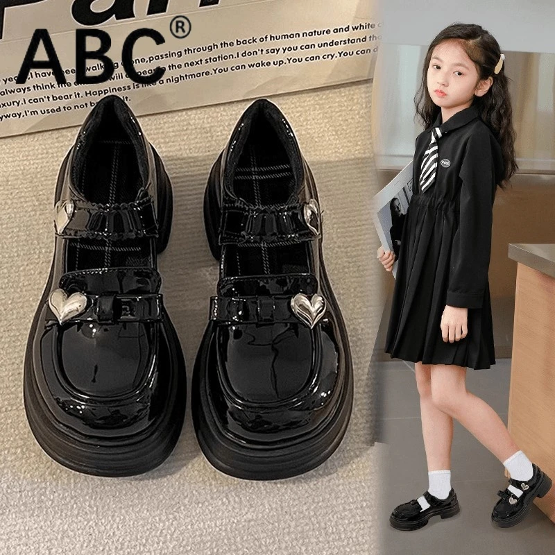 ABC女童小皮鞋6-12岁春秋新款百搭公主鞋厚底洋气乐福鞋黑色单鞋