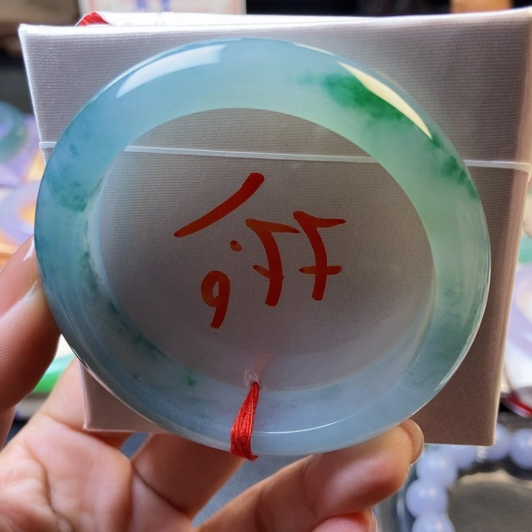 翡翠未镶嵌手镯34蓝绿双花镯